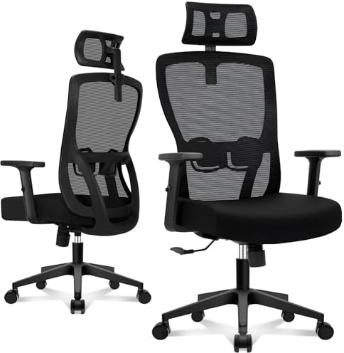 Durrafy Ergonomischer Bürostuhl mit Verstellbarer Lendenstütze und Kopfstütze, Liegefunktion, Mesh Schreibtischstuhl mit Armlehnen für Home Office, Höhenverstellbar, Belastbar bis 150 kg