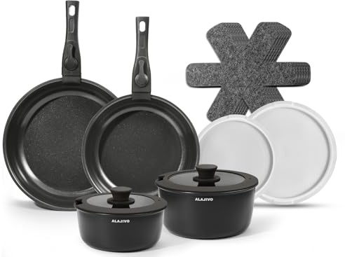 Keramik Topfset mit Abnehmbarer Griff, 14-Teilig Pfannenset mit Antihaft Beschichtet, Topf Induktion Kochtopf Set mit Deckel, 24/28cm Bratpfanne, für Alle Herdarten, Backofenfest, Ofenfest