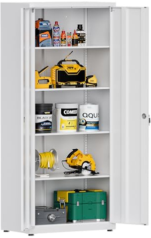 LVSTEEL Aktenschrank, abschließbarer Mehrzweckschrank mit 4 höhenverstellbaren Einlegeböden, Stahl-Büroschrank mit 2 Türen, Weiß, 181.5×80×40 cm