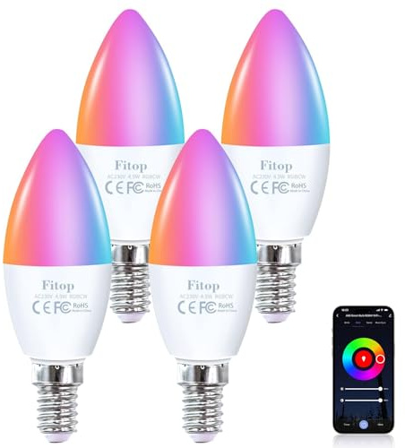 Fitop Alexa Smart Glühbirnen, E14 Wlan LED Lampen Dimmbar Glühbirne 4.9W 470Lm, 2700-6500K, RGB 16 Millionen Farben, App Steuern Kompatibel mit Alexa/Google Home, Sprachsteuerung 4 Pack