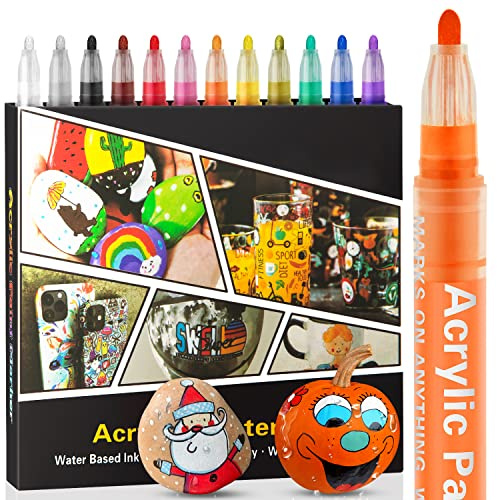 Droaful Acrylstifte für Steine Wasserfest-12 Pc Acrylstifte für Holz, Felsmalerei, Stein, Keramik, Glas,Stoff, Leinwand, Porzellan, Metall, Wasserbasis Schnell Trocknend Ungiftig und Geruchlos
