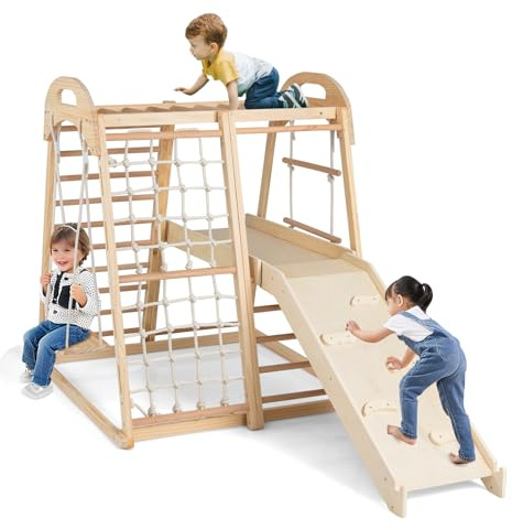 HOMASIS Klettergerüst Indoor, 8 in 1 Kletterdreieck mit Rutsche, Schaukel, Kletternetz, Strickleiter, Kletterleiter, Kletterfelsen & Affenstangen, Holz Spielplatz Kletterspielzeug ab 1 Jahren (Natur)