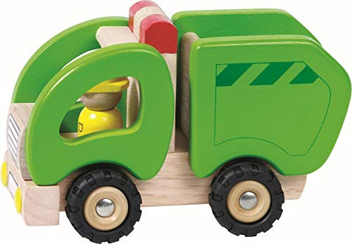 goki 55964 Müllwagen, Klassisches Holzspielzeug mit Gummibereifung, Robustes Spielfahrzeug aus Massivholz, 18,5 x 9,5 x 11,5 cm, Spielzeugauto mit beweglicher Heckklappe