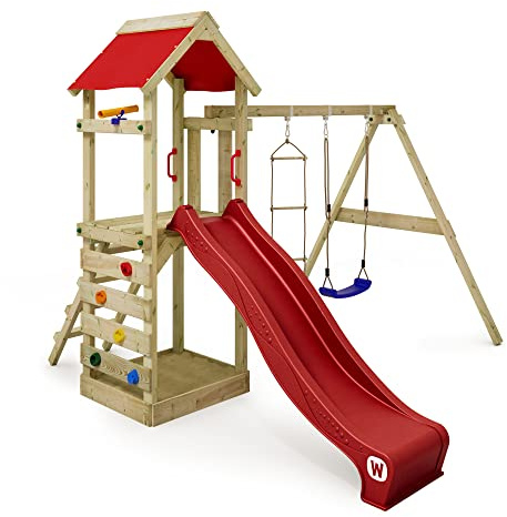 WICKEY Spielturm FreeFlyer mit Schaukel & roter Rutsche | Klettergerüst, Sandkasten, Leiter, Spiel-Zubehör, Outdoor Garten