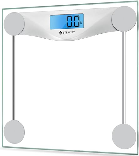 ETEKCITY Personenwaage digital, Gewichtswaage mit großer blauen LCD-Hintergrundbeleuchtung, hochpräzise Messungen, 6 mm gehärtetes Glas, 180 kg, Weiß，30 x 30 cm
