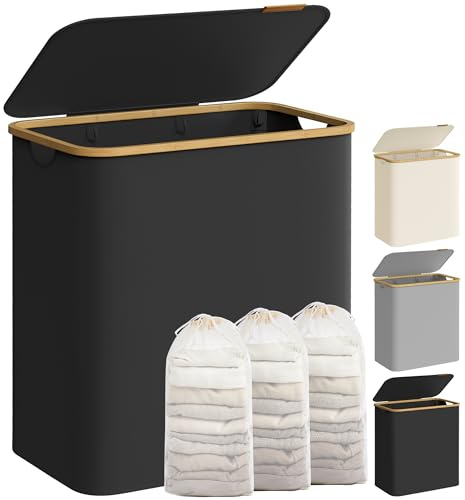 SONGMICS Wäschekorb mit Deckel, Wäschesammler mit 3 Fächern, 150 L, herausnehmbarer Wäschesack, Oxford-Gewebe, Griffe aus Bambus, zusammenklappbar, 60 x 38,5 x 70,5 cm, tintenschwarz LCB515B01