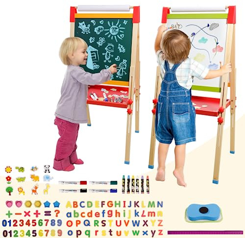 Kindertafel aus Holz mit Papierrolle Doppelseitige Whiteboard und Tafel Kinder Staffelei mit Zahlen und Anderem Zubehör für Kinder und Kleinkinder