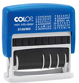 COLOP Wortband-Datumstempel mit 12 gängigen Bürotexten, S120/WD, Abdruckhöhe 4 mm, integriertes Stempelkissen blau/rot