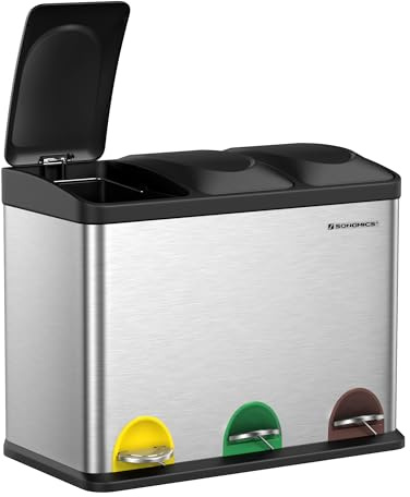 SONGMICS Mülleimer Küche, Mülltrennsystem 3 Fächer, Abfalleimer, 45 Liter Treteimer aus Metall, 3 x 15 Liter, Tretmülleimer mit Deckel, Stahl, metallisches Silber-tintenschwarz LTB45L