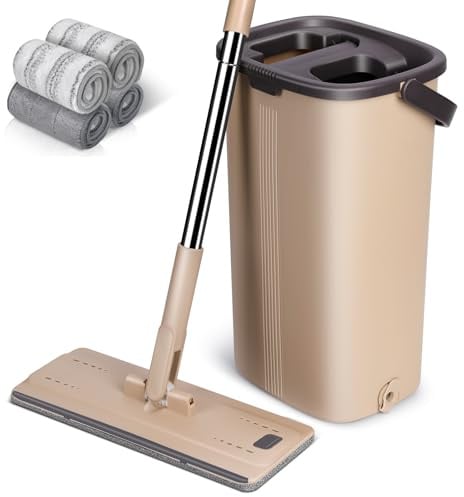 MASTERTOP Wischmopp Set mit Eimer, 2in1 Bodenwischer Set mit Einstellbar Edelstahlgriff und 4 Waschbar Moppkopf, Mikrofaser Wischmopp und Eimer mit auswringfunktion für Hartholz Laminat Fliesen
