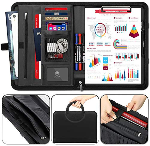 wilbest® A4 Schreibmappe, Multifunktions Ledermappe, Große Fächern für Tablet, Reißverschlussfach, Facheinschließlich Schreibbloc, 4 Kartenfächer, Faltbaren Magnetgriffen, Wasserdicht Dokumentenmappe