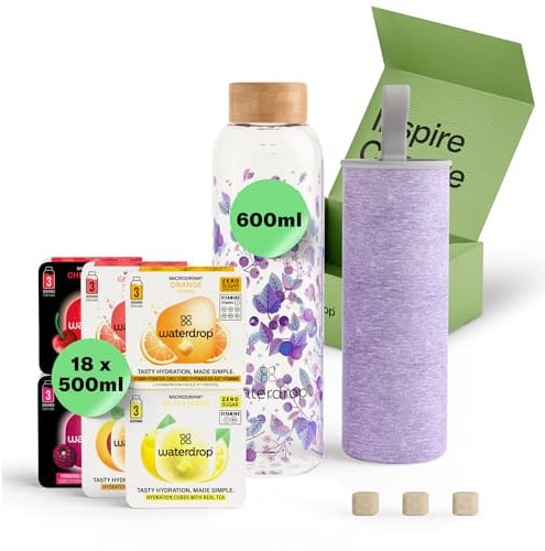 waterdrop® Flasche aus Glas 600ml inkl. 18 zuckerfreie Drops - Geschenk für Frauen - Probierpaket mit Wasserflasche, Flavor Drops & Vitaminen - auslaufsichere Trinkflasche & Kohlensäure geeignet