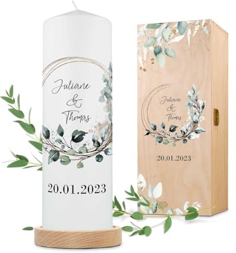 GRAVURZEILE Bedruckte Kerze - Floral Kreis - Personalisierte Traukerze mit Namen & Datum - Geschenk zur Hochzeit an das Brautpaar - Hochwertige Stumpenkerze 250/80 mm - Weiß