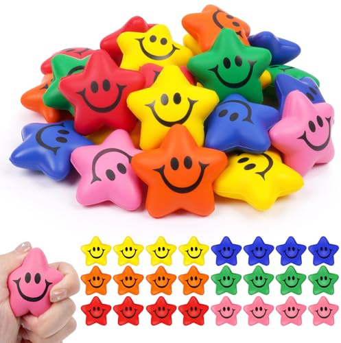 Ainiv 24 Stück Schlüsselanhänger, Stern Lächeln Gesicht Stressbälle Anhänger, 5.2cm Stern Schaum Smile Ball Schlüsselbund für Lieblingsmensch Frauen Männer Geburtstag Schlüsselring
