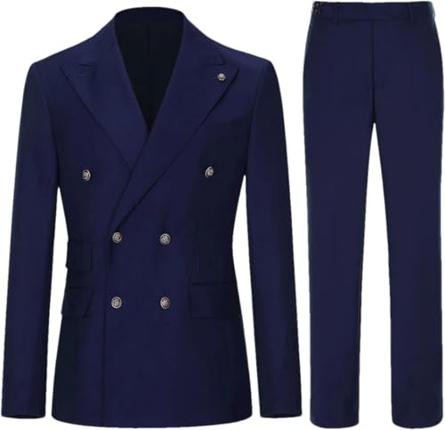Herren Anzüge 2 Stücke Formale Business Hochzeit Anzüge Revers Doppelreiher Blazer Hosen, Dunkelblau, XL