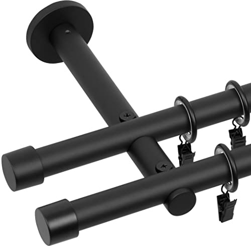 RENA Gardinenstange 2-läufig 220 cm - Modern Loft - 19 mm Metall Vorhangstange für stilvolle Wohnräume - Komplettset mit lautlosen Rollen - Schwarz Matt Luna