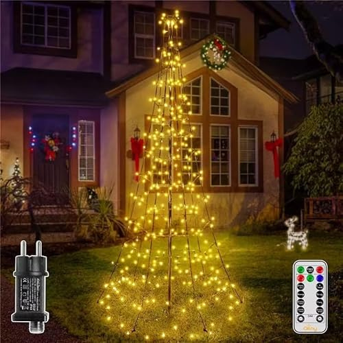 Ollny Weihnachtsbeleuchtung außen 202LEDs 180 cm Lichterkette Weihnachtsbaum, Timer dimmbar mit 8 Modi, IP44 Weihnachtsdeko mit Fernbedienung für Rasen Garten (Warmweiß)