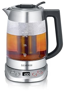 SEVERIN Glas Tee- & Wasserkocher Deluxe, Teekocher mit einstellbarer Temperatur & Ziehzeit, mit 5 Teeprogrammen & Warmhaltefunktion, max. 1,7 L Wasser, 3000 W, Edelstahl, WK 3480