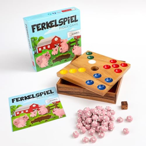 Ferkelspiel - Das Würfelspiel mit den süßen Ferkeln für die ganze Familie | 60 handgemachte Keramik-Schweinchen, Holzspielbrett