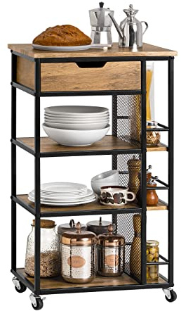 SoBuy Servierwagen mit Rollen Küchenwagen mit 1 Schublade und 3 Ablagen Beistellwagen Rollwagen Küchenschrank mit Arbeitsplatte für Küche, Wohnzimmer, Esszimmer Vintage BHT ca.: 50x87x37cm FKW99-N