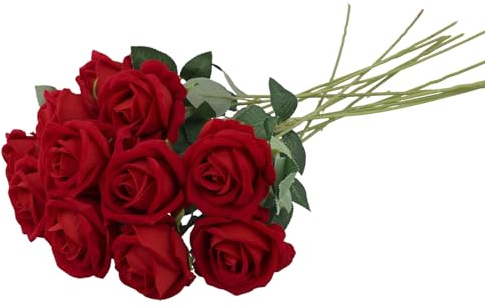 QWORK® 12 Stück Künstliche Rosen, Rote Rosen, Kunstrosen Blumen mit Langen Plastikstielen für Tischdekorationen bei Hochzeiten