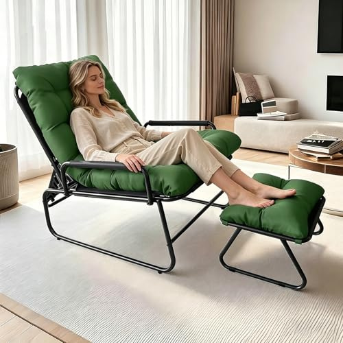 TerraVibe Balkonsessel, Sitzsessel mit Verstellbarer Rückenlehne, loungesessel Garten mit Hocker, Relaxliege Wohnzimmer, Outdoor Lounge Sessel, Relax Sesel für Wohnzimmer, Schlafzimmer, Büro (Grün)