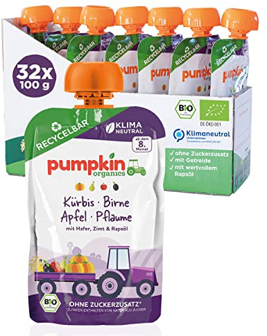 Bio Quetschie Kürbis, Birne, Apfel, Pflaume, Hafer, Zimt & Rapsöl - Gemüsepüree, Fruchtmus und Getreide für Babys ab dem 8. Monat. Recycelbarer Quetschbeutel, 32er Pack (32x100g)