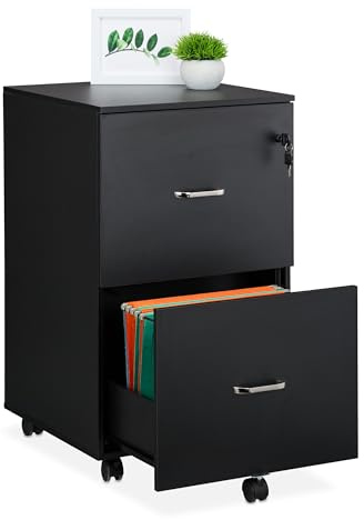 Relaxdays Rollcontainer, 2 Schubladen mit Hängeregister, HxBxT: 72 x 43 x 46 cm, abschließbarer Aktenschrank, schwarz