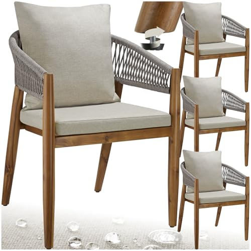 tectake® Set mit 4 Akazienholz-Gartensesseln mit Seildesign | 59 x 58 x 76,5 cm, Lackiert & Wetterfest, Wasserabweisende abnehmbare Kissen, Für Terrasse, Balkon & Wintergarten, Greige