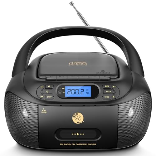Hernido CD-Player mit Kassette, CD Boombox mit Bluetooth, UKW-Radio, Eingebauten Stereo-Lautsprechern, Wiederaufladbarem CD/Tape-Player, AUX-Eingang, USB-Wiedergabe, Kopfhörerausgang