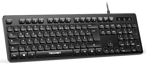 TECKNET Kabelgebundene USB Tastatur, Keyboard Vollgröße mit Nummernblock | Deutsches QWERTZ Layout, Spritzwassergeschützt, Leise PC Tastatur, für PC/Laptop (Windows/macOS) - Schwarz