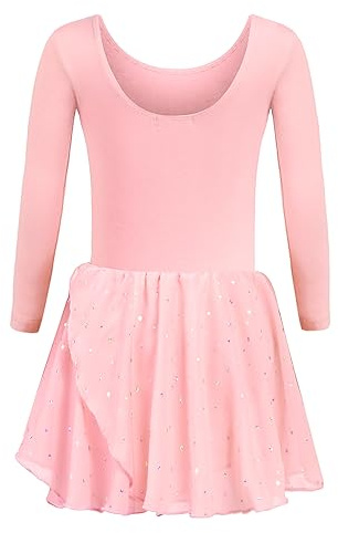 Trudge Mädchen Ballettkleidung Ballettkleid Kinder Langarm Baumwolle Balletttrikot Ballettanzug Tanzkleid Tanzbody mit Rock Tütü, A Rosa, 150 / 8-9 Jahre