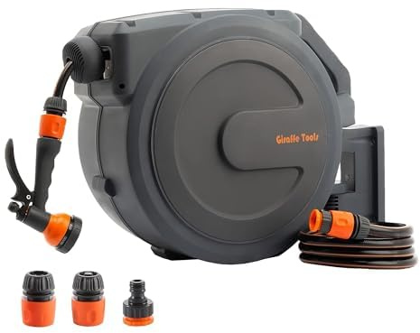 Giraffe Tools Wandmontierte Schlauchbox 35m + 2m, Automatischer Gartenschlauch-Aufroller 180° Schwenkbar mit 7 Musterdüsen und Anschlussschlauch