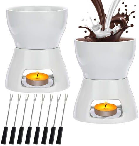 TESIN 2 Stück Keramik Schokoladen Fondue Set – 400 ml – Fondue Topf mit 8 Edelstahlgabeln – Käse- & Butterwärmer mit Kerze für Zuhause, Geburtstag, Party & Picknick – Weiß