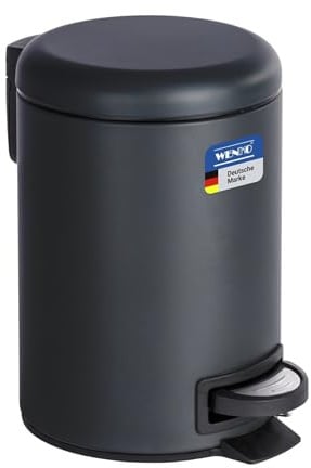 WENKO Kosmetikeimer 3 Liter, Stahl, herausnehmbarer Inneneimer mit Müllbeutelhalter, Mülleimer fürs Bad mit Deckel und Tretfunktion, ausklappbarer Tragegriff, Schwarz matt, Mod. Leman