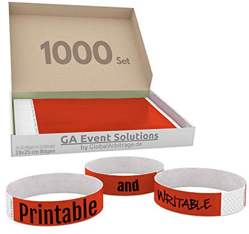 1000 rote GA Event Solutions Einlassbänder – nummerierte Eintrittsbänder für Events, Festivals und Partys – Kontrollarmbänder mit Sicherheitsverschluss – bedruckbar