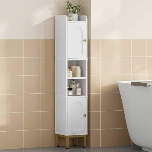 Hzuaneri Badezimmerschrank, Badschrank Schmal mit 2 Türen und offenen Regalen, Schmales Badregal, Verstellbare Ablagen, 20 x 20 x 108,5 cm, Badezimmer Hochschrank, Aufbewahrungsschrank, Weiß BC22413G