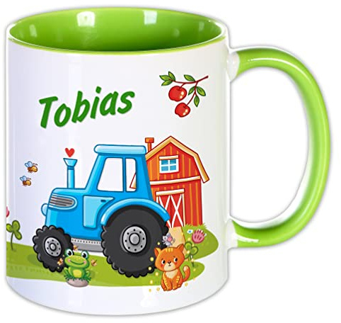 Unikatolo Kinder-Tasse mit Name personalisiert, Tasse grün (Traktor) | individuell bedruckt, Geschenkidee für Jungen und Mädchen zum Geburtstag, Kindergeburtstag, Schulstart Bauernhof Becher