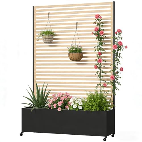 Pflanzkasten aus Metall für den Außenbereich mit Spalier, Hochbeet aus Metall mit Rad, freistehender Sichtschutz-Pflanzkasten für Blumen, Gemüse im Garten, auf der Terrasse, auf dem Balkon