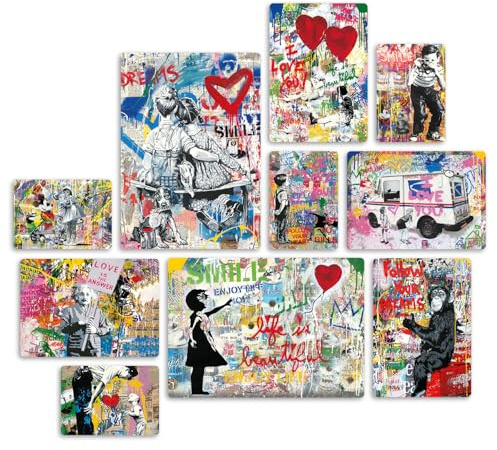 Giallobus - Satz von 10 mehrteiligen Gemälden - Banksy - Street Art 1 - MDF-Holz - - 2 x 42x29,7cm - 4 x 29,7x21cm - 4 x 21x14,85cm - - Fertig zum Aufhängen – Gemälde