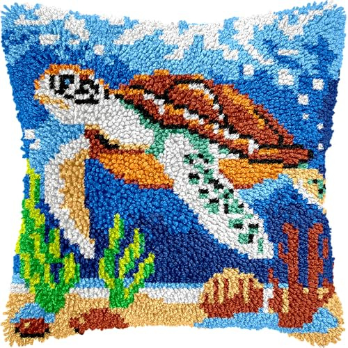 veirousa Knüpfhaken-Set mit Meeresschildkröte für Erwachsene und Kinder, Anfänger, Ozean-Knüpfkissen-Set, vorgedruckte Knüpfhaken, Teppich-Kits, Kreuzstich-Stickkissen für Zuhause, Sofa, Dekoration,