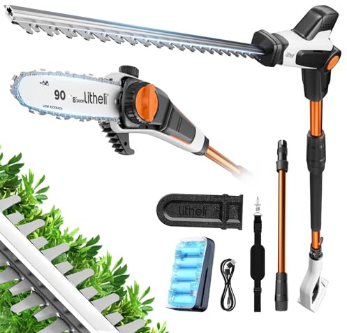 Litheli 20V 2-in-1 Akku Teleskop Heckenschere & Hochentaster mit 2.0Ah Akku, 47 cm Stabheckenschere, starrer Verlängerungsstange bis 4 m, Automatische Kettenschmierung - Ergonomisch