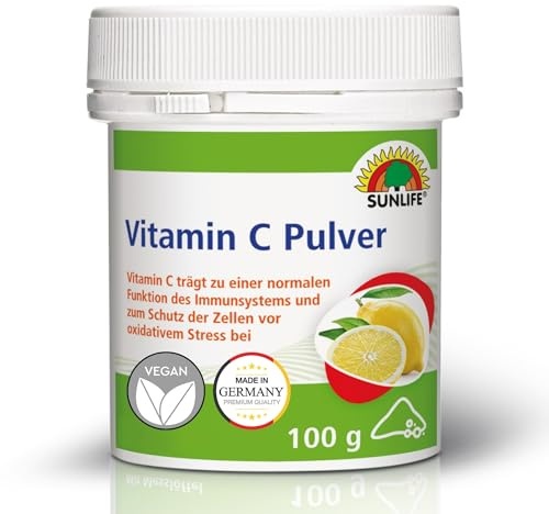 SUNLIFE Vitamin C Pulver hochdosiert 1x 100 g mit Zitronengeschmack I Ascorbinsäure für Immunsystem & Zellschutz I Gut lösliches Vitamin Pulver vegan & laktosefrei I Nahrungsergänzung für den Alltag