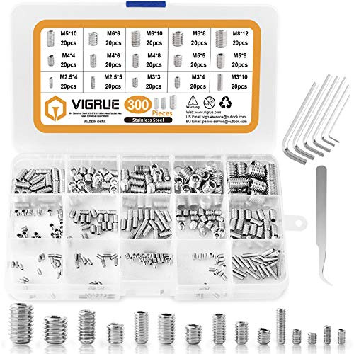 VIGRUE 300 Stück Madenschrauben Set, M2.5 M3 M4 M5 M6 M8 Innensechskant Gewindestifte mit Schraubenschlüssel