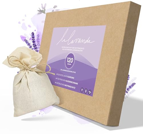 Lalavanda - 12 Lavendelsäckchen aus Baumwolle, 120g Lavendelblüten, Effektiver Mottenschutz für Kleiderschränke mit lang anhaltender Frische und Staubschutz