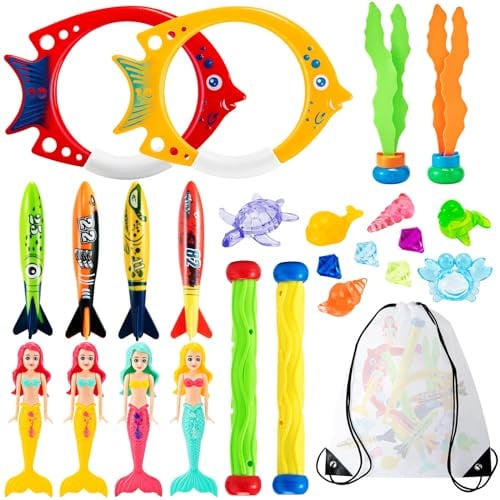 Vinitoy Tauchspielzeug-Set: 24 Stück Pool Spielzeug mit Tauchringen, Meerjungfrauen, Toypedo Banditen, Tauchstöcken, Algenspielzeug und Edelsteinen für Kinder ab 5 Jahren, inkl. Tragetasche