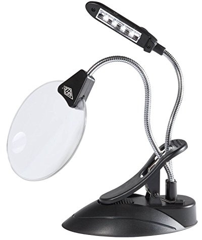 Wedo 27175201 Tischlupe mit LED Lampe, Kunststoff Linse Ø 10,2 cm, 2 fach / 4 fach Vergrößerung, 4x Licht, flexibler Hals, Klemme, schwarz