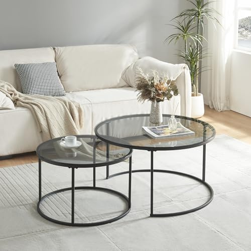 [en.casa] Couchtisch Kokkola 2er Set Wohnzimmertisch rund Beistelltisch Schwarz Tischplatte aus Glas Kaffeetisch Metallgestell Satztisch Sofatisch Rauchglas