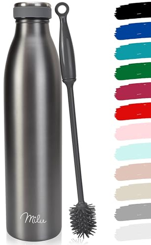 Milu Edelstahl Trinkflasche 350ml, 500ml, 750ml, 1L, 1.5L Thermosflasche, Isolierte Wasserflasche, Auslaufsichere Isolierflasche doppelwandig, Kohlensäure geeignet + Reinigungsbürste (Grau, 1.5L)