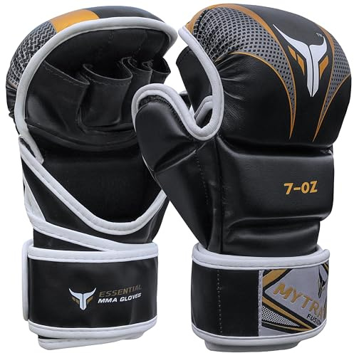 Mytra Fusion MMA Handschuhe Kickbox Handschuhe Kampfsport Handschuhe MMA Sparring Handschuhe Boxsackhandschuhe (Black/Gold, L/XL)